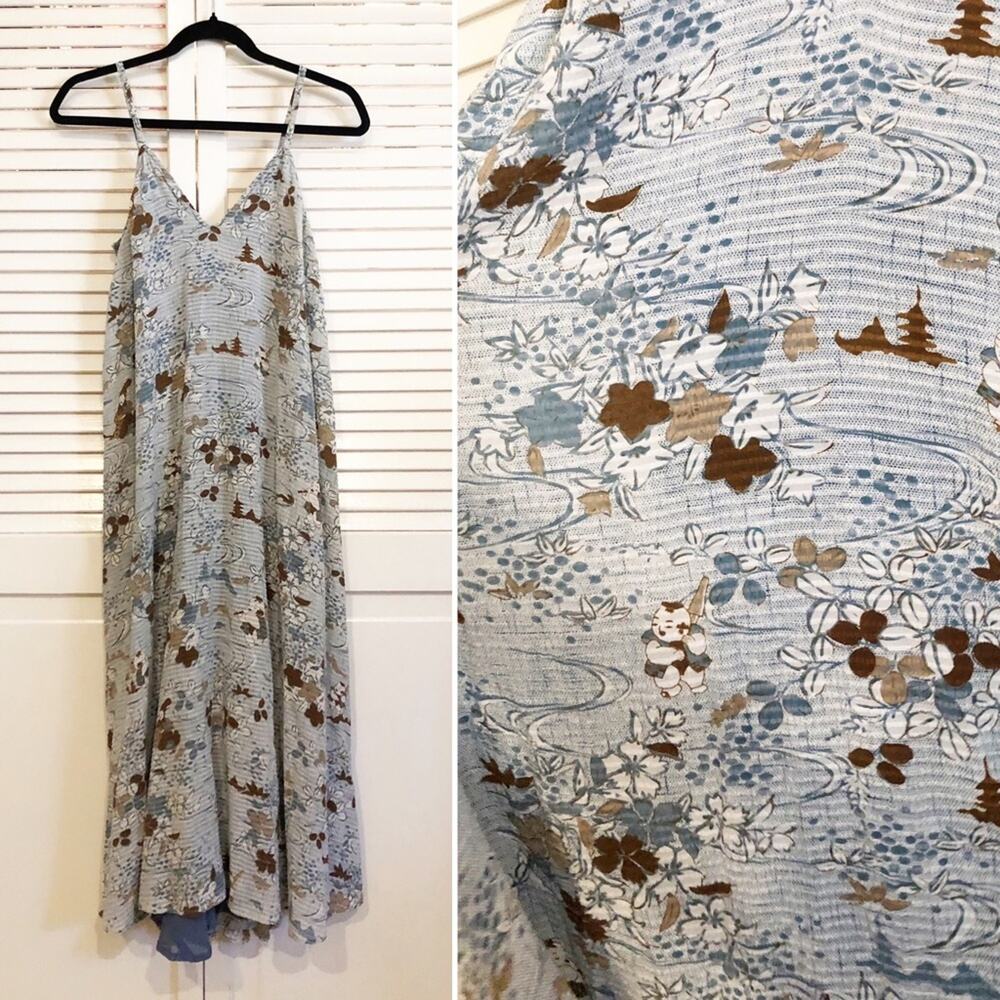 Citron Blue Floral Flowy Midi Dress Silk Blend